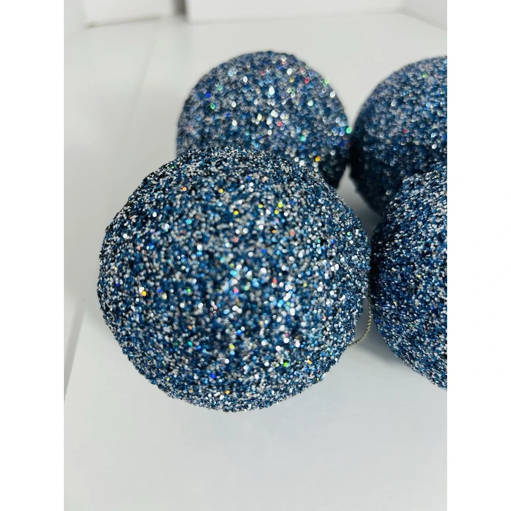 Lot of 4 Blue Jumbo Glitter Mercury Glass Style Shatterproof Ball‎ Ornaments